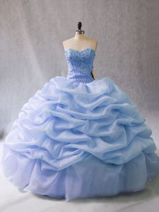 Modest Light Blue Ball Gowns Beading and Pick Ups Quinceanera Gown Lace Up Organza Sleeveless