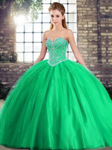 Sweetheart Sleeveless Brush Train Lace Up Ball Gown Prom Dress Green Tulle