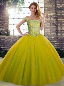 Olive Green Lace Up Off The Shoulder Beading Quinceanera Gowns Tulle Sleeveless