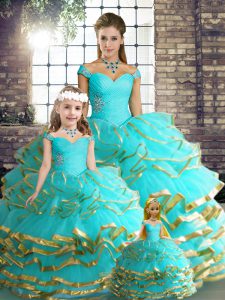 Free and Easy Sleeveless Floor Length Beading and Ruffled Layers Lace Up Ball Gown Prom Dress with Aqua Blue