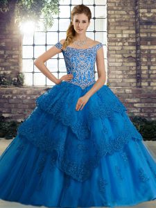 Blue Tulle Lace Up Quinceanera Dress Sleeveless Brush Train Beading and Lace