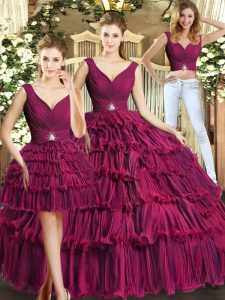 V-neck Sleeveless Backless Vestidos de Quinceanera Burgundy Organza