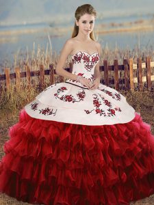 Floor Length White And Red 15th Birthday Dress Sweetheart Sleeveless Lace Up