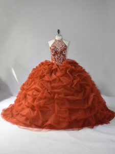 Organza Halter Top Sleeveless Court Train Lace Up Beading and Pick Ups Sweet 16 Quinceanera Dress in Brown