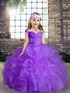 Purple Straps Lace Up Beading Little Girls Pageant Gowns Sleeveless