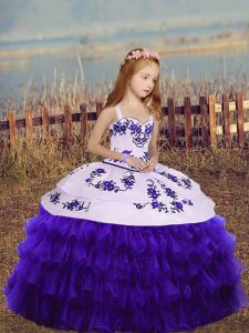 Sleeveless Lace Up Floor Length Embroidery and Ruffled Layers Little Girl Pageant Gowns