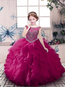 Luxurious Fuchsia Zipper Scoop Beading and Ruffles Little Girls Pageant Dress Organza Sleeveless