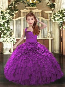 Unique Purple Ball Gowns Straps Sleeveless Organza Floor Length Lace Up Ruffles Girls Pageant Dresses