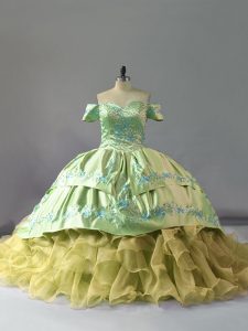 Custom Fit Yellow Green Lace Up Off The Shoulder Embroidery and Ruffles Quince Ball Gowns Organza Sleeveless Chapel Train