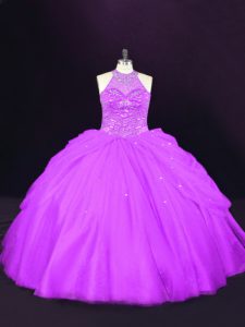 Exquisite Purple Halter Top Lace Up Beading Ball Gown Prom Dress Sleeveless