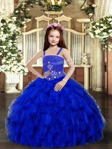 Royal Blue Kids Formal Wear Party and Sweet 16 and Wedding Party with Beading and Ruffles Straps Sleeveless Lace Up