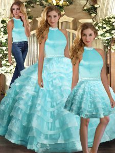 Aqua Blue Backless Quinceanera Gowns Ruffled Layers Sleeveless Floor Length