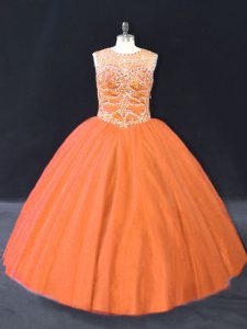 Graceful Scoop Sleeveless Lace Up Quinceanera Gown Orange Tulle