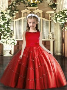 Red Tulle Lace Up Scoop Sleeveless Floor Length Kids Formal Wear Beading