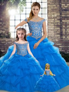 Off The Shoulder Sleeveless Tulle Quinceanera Gown Beading and Pick Ups Brush Train Lace Up