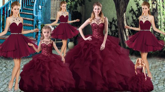 Exquisite Burgundy Ball Gowns Tulle Scoop Sleeveless Beading and Ruffles Lace Up Quinceanera Dresses Brush Train
