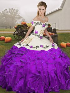 White And Purple Ball Gowns Organza Off The Shoulder Sleeveless Embroidery and Ruffles Floor Length Lace Up 15 Quinceanera Dress