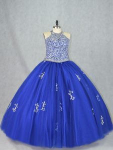 New Style Blue Sleeveless Floor Length Beading Lace Up Quinceanera Gown
