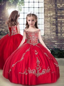 Floor Length Red Little Girl Pageant Gowns Tulle Sleeveless Beading