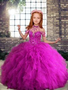 Sleeveless Tulle Floor Length Lace Up Pageant Gowns For Girls in Fuchsia with Beading and Ruffles