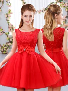 Deluxe Red Damas Dress Wedding Party with Lace and Bowknot Scoop Sleeveless Lace Up