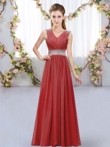 Cheap Beading and Belt Quinceanera Court of Honor Dress Wine Red Lace Up Sleeveless Floor Length
