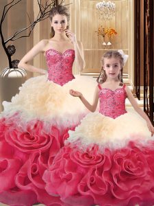 Multi-color Lace Up Sweetheart Beading and Ruffles Vestidos de Quinceanera Fabric With Rolling Flowers Sleeveless