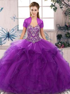 Best Selling Purple Ball Gowns Beading and Ruffles Sweet 16 Dresses Lace Up Tulle Sleeveless Floor Length