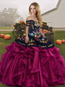 Nice Floor Length Lace Up Quinceanera Dresses Fuchsia for Military Ball and Sweet 16 and Quinceanera with Embroidery and Ruffles