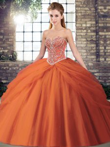 Glittering Sweetheart Sleeveless Sweet 16 Dress Brush Train Beading and Pick Ups Orange Red Tulle