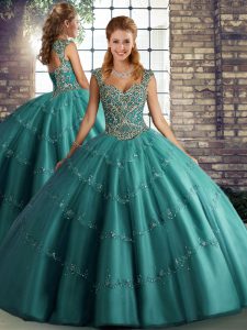 Teal Quinceanera Dresses Military Ball and Sweet 16 and Quinceanera with Beading and Appliques Straps Sleeveless Lace Up