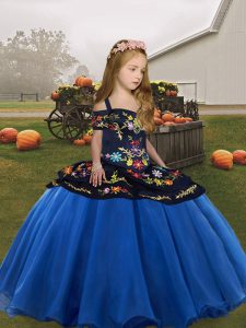 Organza Straps Sleeveless Lace Up Embroidery Pageant Gowns For Girls in Blue