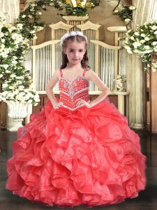 Organza Straps Sleeveless Lace Up Beading and Ruffles Little Girl Pageant Dress in Coral Red