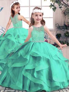 Sleeveless Tulle Floor Length Lace Up Girls Pageant Dresses in Aqua Blue with Beading and Ruffles