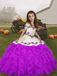 Customized Sleeveless Floor Length Beading and Ruffles Lace Up Little Girls Pageant Dress with Purple