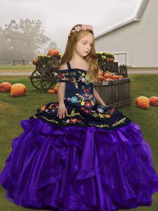 New Arrival Purple Organza Lace Up Straps Sleeveless Floor Length Pageant Dress for Teens Embroidery and Ruffles