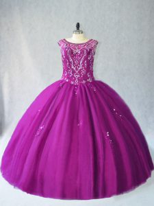 Glittering Purple Sleeveless Beading Floor Length Quince Ball Gowns