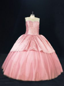 Flare Pink Lace Up Scoop Beading 15 Quinceanera Dress Tulle Sleeveless