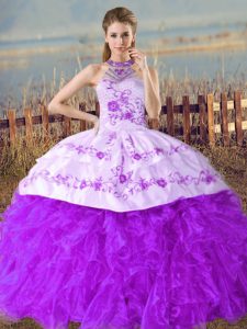 Floor Length Purple Sweet 16 Dresses Halter Top Sleeveless Court Train Lace Up