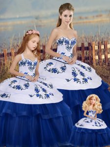 Designer Royal Blue Sleeveless Floor Length Embroidery and Bowknot Lace Up Quinceanera Dress