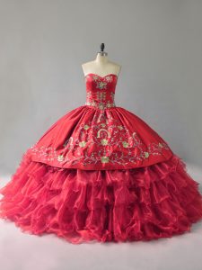 Free and Easy Red Lace Up Sweet 16 Dresses Embroidery and Ruffles Sleeveless Floor Length