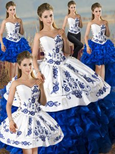 Embroidery and Ruffles Quinceanera Gown Blue And White Lace Up Sleeveless Floor Length