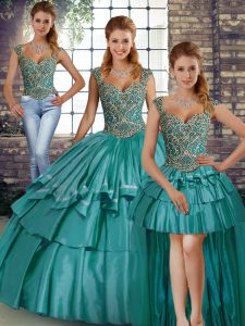 Teal Three Pieces Straps Sleeveless Taffeta Floor Length Lace Up Beading and Ruffled Layers Sweet 16 Quinceanera Dress