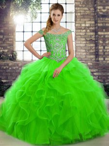 Traditional Green Ball Gowns Beading and Ruffles Quinceanera Gowns Lace Up Tulle Sleeveless