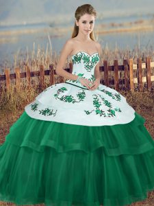Wonderful Sleeveless Tulle Floor Length Lace Up Quince Ball Gowns in Green with Embroidery and Bowknot