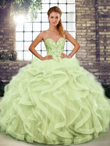 Gorgeous Yellow Green Lace Up Sweetheart Beading and Ruffles Quinceanera Dresses Tulle Sleeveless