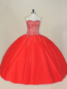 Tulle Sweetheart Sleeveless Lace Up Beading Sweet 16 Quinceanera Dress in Red