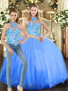 Modest Sleeveless Floor Length Embroidery Lace Up Sweet 16 Dress with Blue