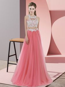 Elegant Watermelon Red Two Pieces Tulle Halter Top Sleeveless Lace Floor Length Zipper Quinceanera Dama Dress