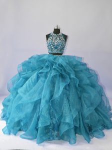 Stunning Floor Length Two Pieces Sleeveless Teal Quinceanera Dress Brush Train Backless